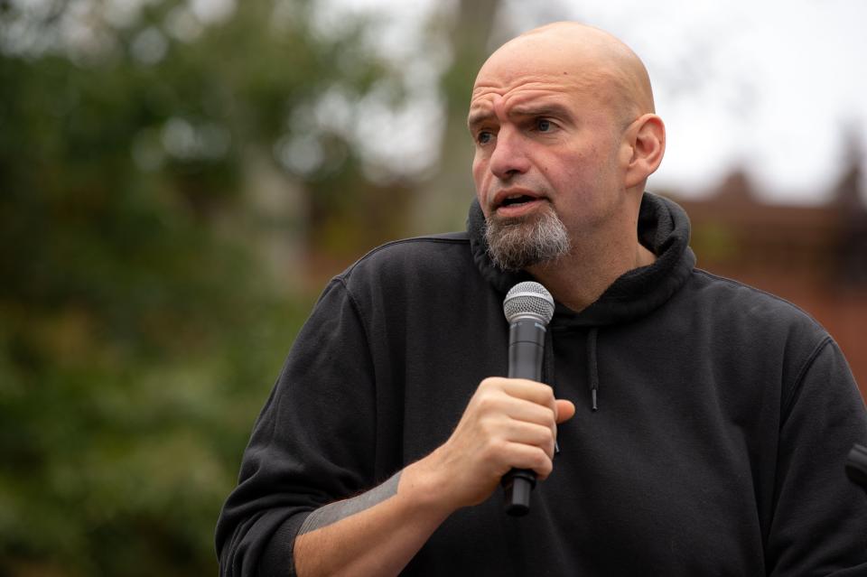 Pennsylvania&#39;s Lieutenant Governor John Fetterman speaks to supporters gathered in Dickinson Square Park in Philadelphia on October 23, 2022, as he campaigns for the US Senate. - The US midterm election is scheduled for November 8, 2022. (Photo by Kriston Jae Bethel / AFP) (Photo by KRISTON JAE BETHEL/AFP via Getty Images)