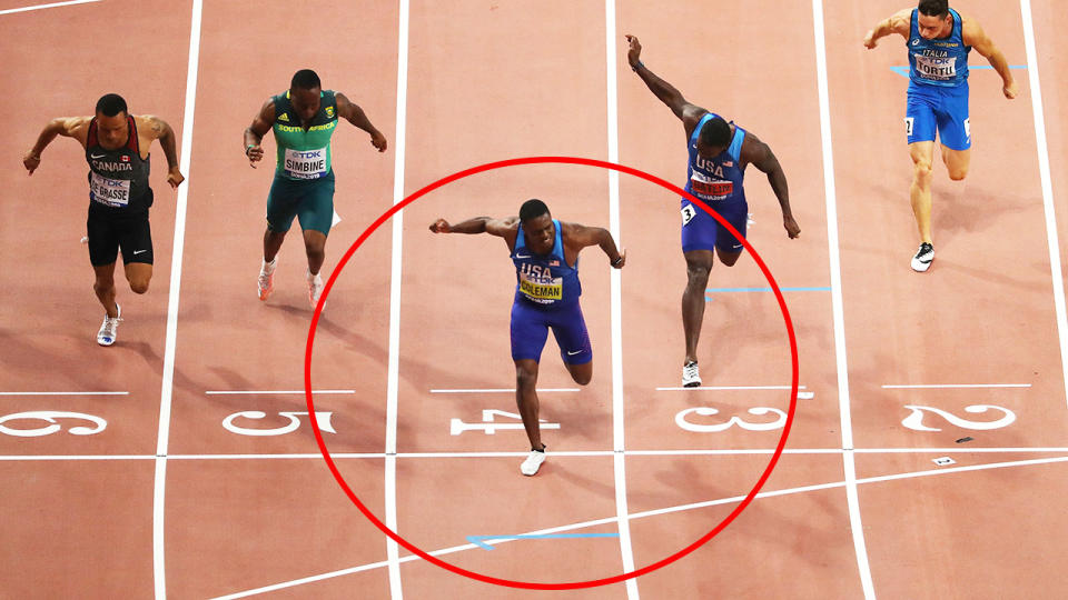 Christian Coleman, pictured here crossing the finish line first.