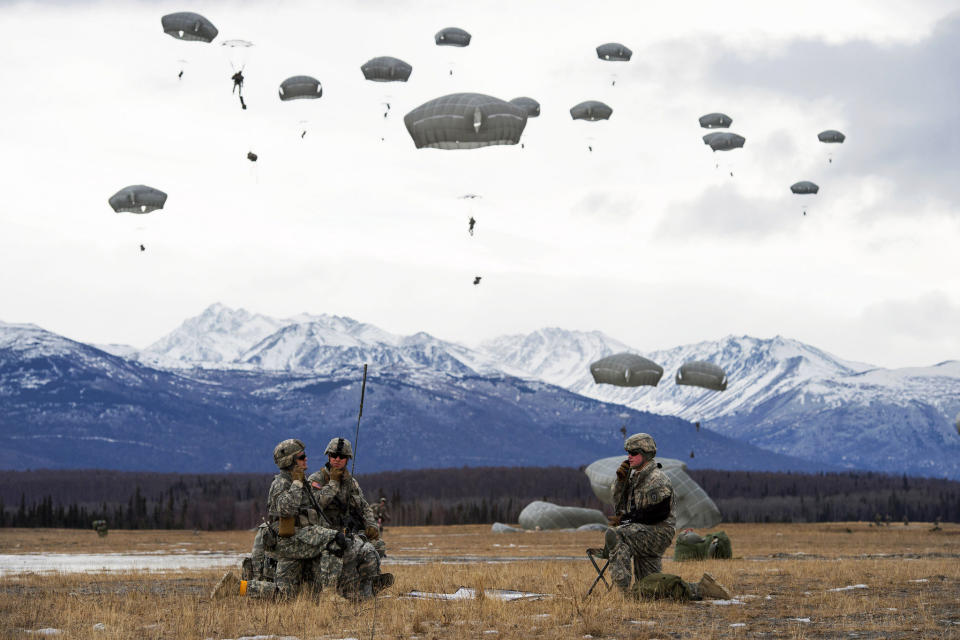 Paratroopers assigned to the 4th Infantry Brigade Combat Team (Airborne), 25th Infantry Division, U.S. Army Alaska, practice a forced-entry parachute assault on Malemute drop zone at Joint Base Elmendorf-Richardson, Alaska, March 18, 2015, as part of a larger tactical field exercise. The Soldiers are part of the Army’s only Pacific airborne brigade with the ability to rapidly deploy worldwide, and are trained to conduct military operations in austere conditions.