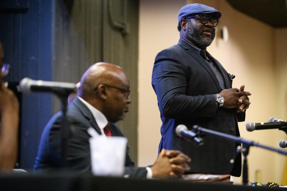 District 2 city council candidate Tyrone A. Williams speaks at a candidate  forum Wednesday, April 27, 2022, at FTCC in partnership with the Fayetteville Observer, Greater Fayetteville Chamber and WIDU.