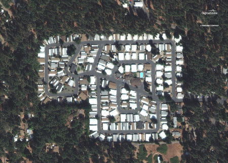 DigitalGlobe satellite image shows the Kilcrease circle community before the Camp Fire in Paradise, California, U.S. on September 10, 2018. Courtesy Satellite image ©2018 DigitalGlobe, a Maxar company/Handout via REUTERS