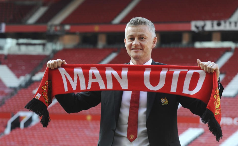 FILE Manchester United soccer team manager Ole Gunnar Solskaer is unveiled as permanent Manchester United manager at Old Trafford, England, Thursday, March 28, 2019. Manchester United has fired Ole Gunnar Solskjaer after three years as manager after a fifth loss in seven Premier League games. United said a day after a 4-1 loss to Watford that “Ole will always be a legend at Manchester United and it is with regret that we have reached this difficult decision."(AP Photo/Rui Vieira, File)