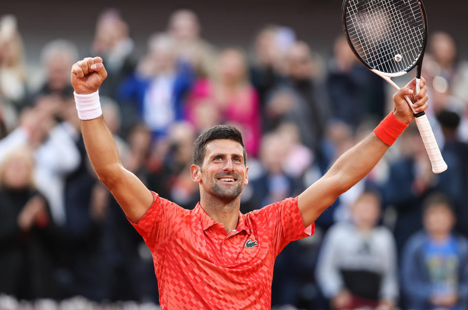 Novak Djokovic celebrates after winning a match against Luca Van Assche of France at the ATP 250 Srpska Open 2023 on April 19. (Srdjan Stevanovic/Getty Images)