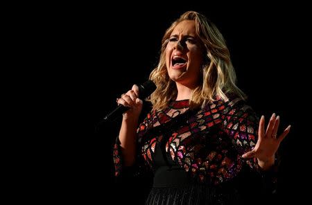 Adele sings "Hello" at the 59th Annual Grammy Awards in Los Angeles, California, U.S., February 12, 2017. REUTERS/Lucy Nicholson