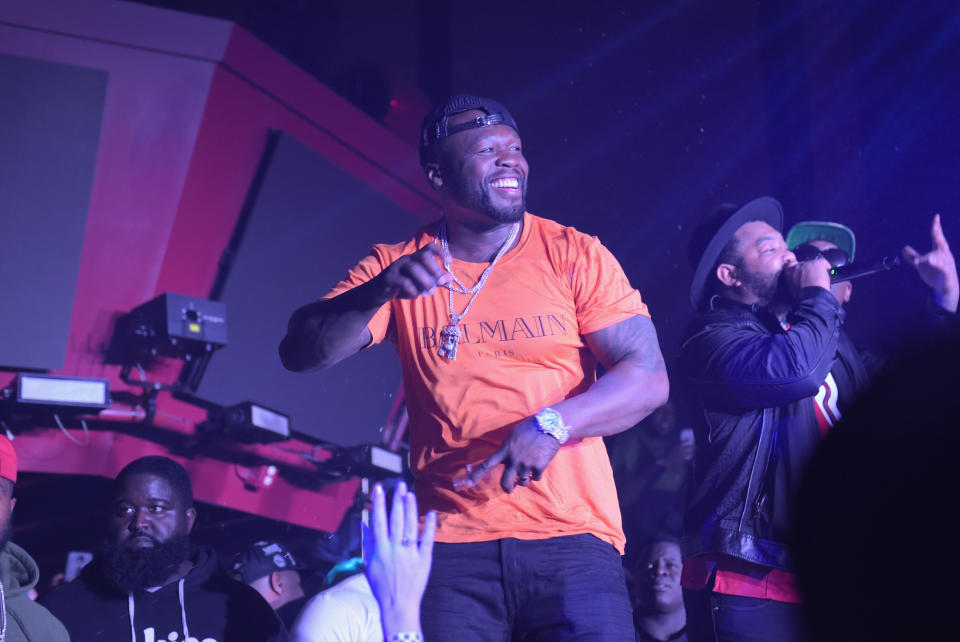 50 Cent toasts the game with EFFEN<strong>&reg;</strong> Vodka at The Playboy Party with TAO at Spire Nightclub.