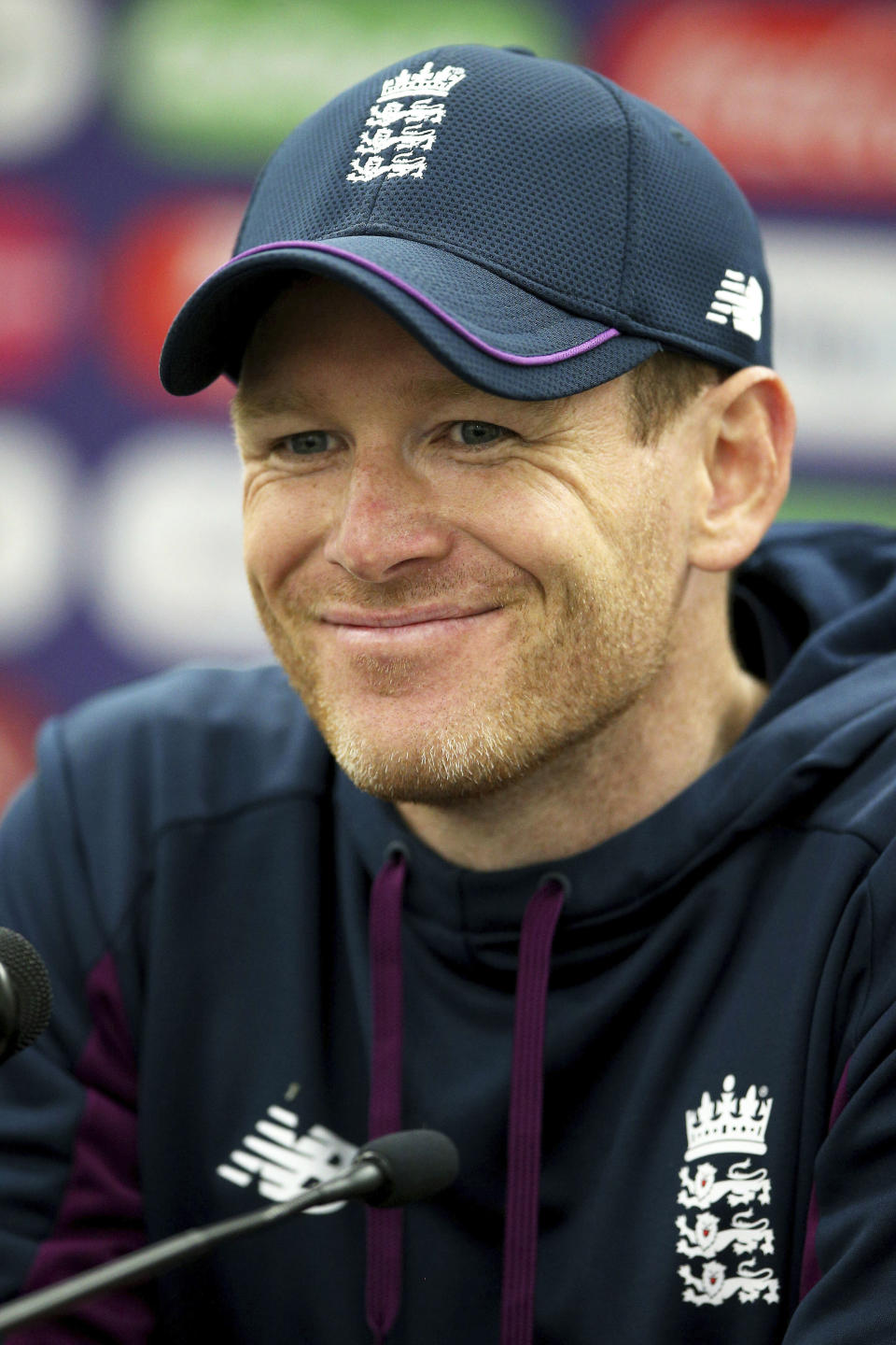 England's Eoin Morgan speaks during a press conference at The Oval, London, Wednesday May 29, 2019 on the eve of the opening match of the Cricket World Cup. (Nigel French/PA via AP)