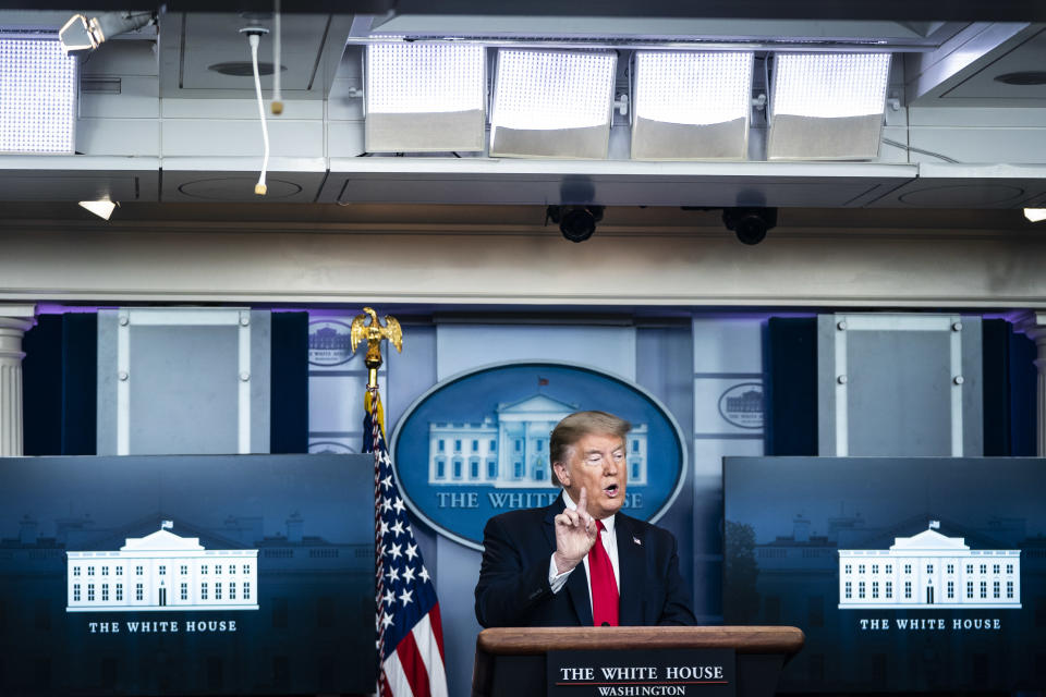 WASHINGTON, DC - APRIL 13 : President Donald J. Trump speaks with members of the coronavirus task force during a briefing in response to the COVID-19 coronavirus pandemic in the James S. Brady Press Briefing Room at the White House on Monday, April 13, 2020 in Washington, DC. (Photo by Jabin Botsford/The Washington Post via Getty Images)