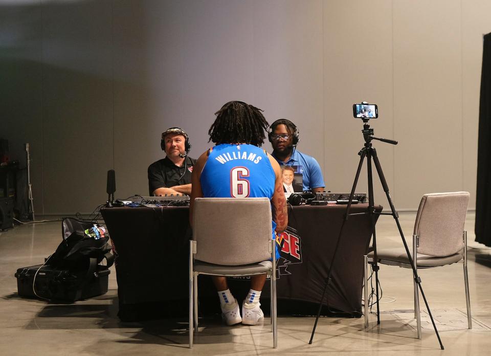 Jaylin Williams (6) at a station at Thunder Media Day, held in the Oklahoma City Convention Center on Monday, Oct. 2, 2023.
