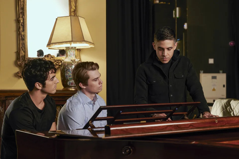 Taylor Zakhar Perez, Nicholas Galitzine and Matthew López on the 'Red, White and Royal Blue' set