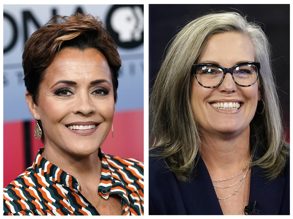 In this combination of photos Arizona gubernatorial candidates, Republican Kari Lake, left, appears before a PBS televised debate on June 29, 2022, in Phoenix and Democrat Katie Hobbs smiles prior to a televised interview in Phoenix, Oct. 18, 2022. (AP Photo/Ross D. Franklin)