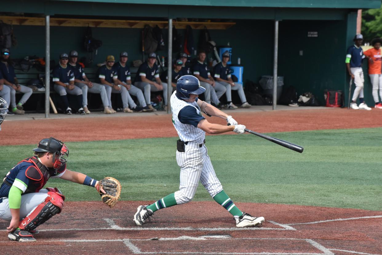 Michigan Monarchs Reece Longstaff gets a hit during a game against the Hamilton Jazz earlier in the 2022 GLSCL season.