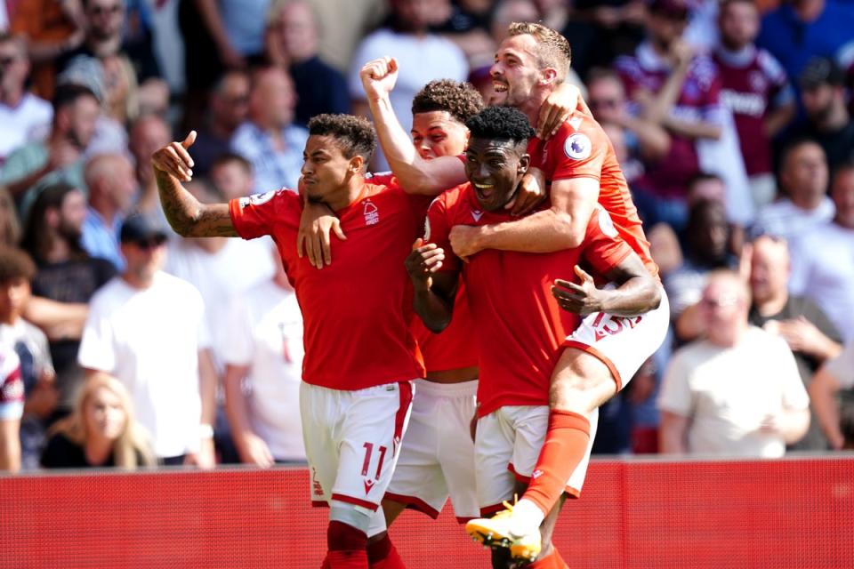 Nottingham Forest’s Taiwo Awoniyi (centre) celebrates scoring his side’s goal in their 1-0 win over West Ham (Mike Egerton/PA) (PA Wire)