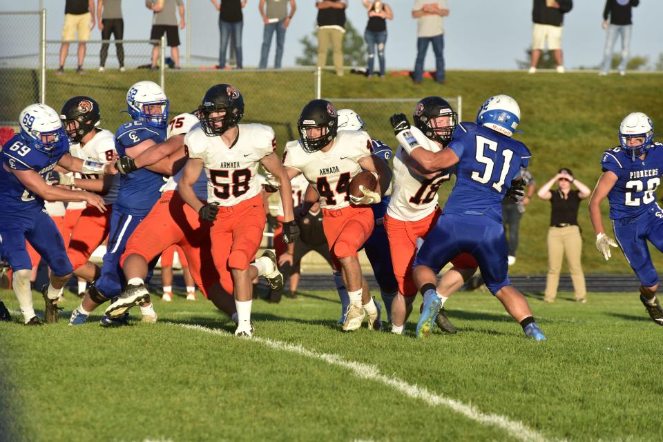 Armada's Kyle Coenen runs through a hole during a game earlier this season. He rushed for 1,614 yards and 12 touchdowns in 2022.