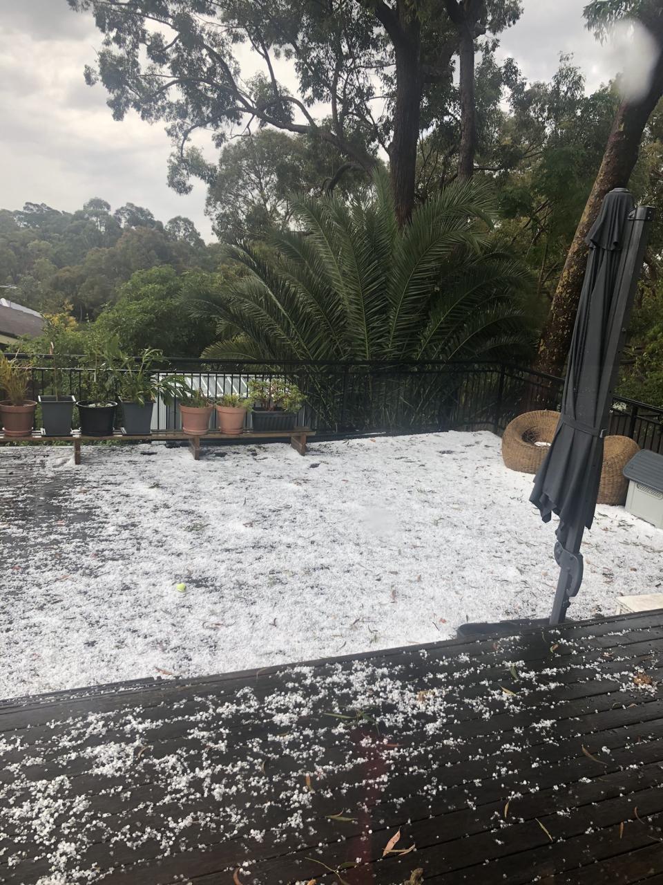 Hail blankets the ground at a property in Bangor, Sydney. 