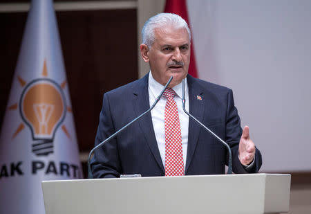 Turkish Prime Minister Binali Yildirim makes a speech during a meeting in Ankara, Turkey, April 19, 2017. Ali Balikci/Prime Minister's Press Office/Handout via REUTERS