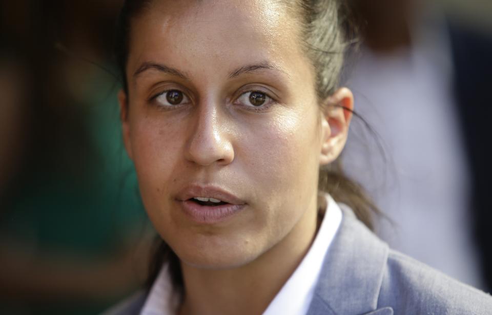 FILE - In this June 26, 2019, file photo, Democratic primary candidate for Queens district attorney Tiffany Caban responds to questions during an interview in the Queens borough of New York. Caban told supporters Tuesday, Aug. 6, 2019, that she is calling it quits in her race for Queens district attorney that gained national attention. (AP Photo/Frank Franklin II, File)