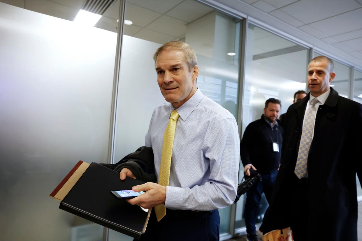Rep. Jim Jordan, R-Ohio, arrives for a closed-door deposition with the House Oversight Committee at the Thomas P. O'Neill Jr. Federal Building on February 21, 2024 in Washington, DC.