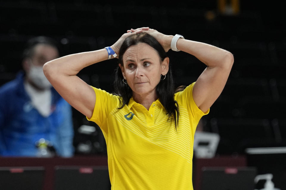 Australia head coach Sandy Brondello watches against China during a women's basketball preliminary round game at the 2020 Summer Olympics in Saitama, Japan, Friday, July 30, 2021. (AP Photo/Eric Gay)