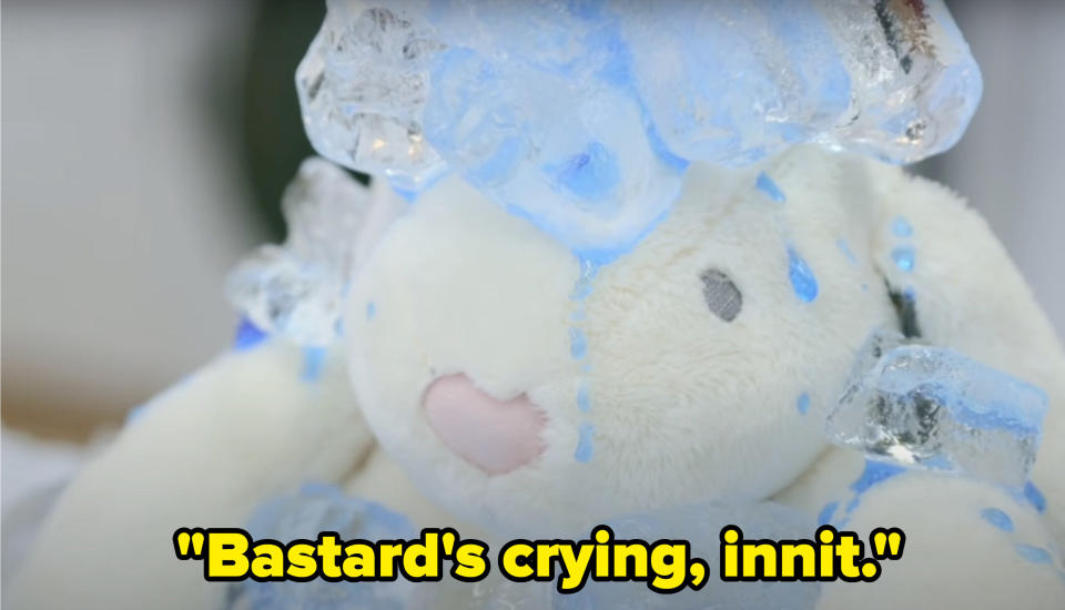 In the image of blue droplets on a stuffed bunny, Paul Chowdhry says, Crying bastards, innit