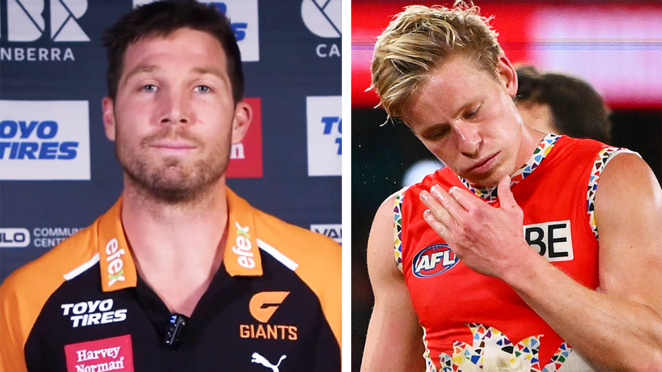 The Swans hit back at the GWS Giants after Toby Greene (pictured left) appeared to take a cheeky dig at Sydney over Isaac Heeney's (pictured right) post after his suspension was confirmed. (Images: @GWSGIANTS/Getty Images)