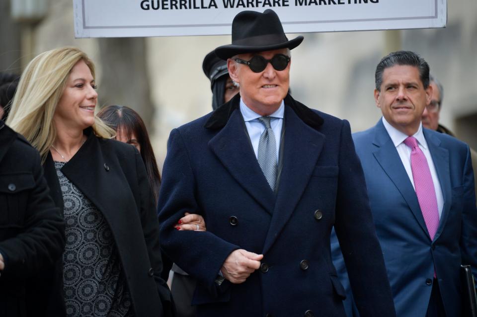 Roger Stone, former political advisor to President Donald Trump,  arrives for his sentencing hearing at the Federal District Court in Washington on Feb. 20, 2020.