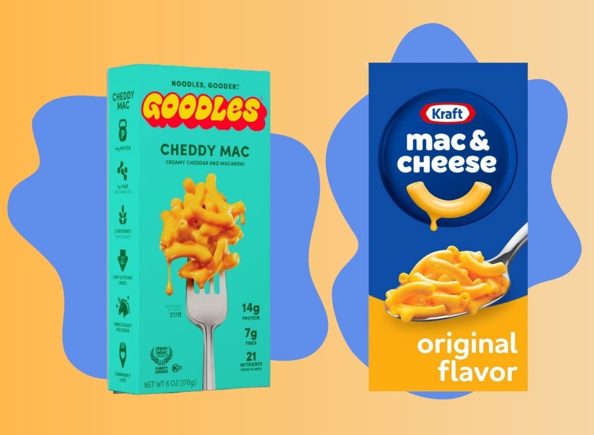 Boxes of Goodles and Kraft brand macaroni and cheese set against a colorful background.