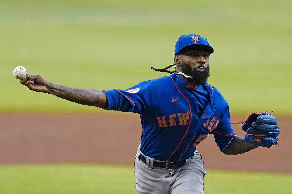 New York Mets relief pitcher Miguel Castro (50) delivers in the first inning of the team's baseball game against the Atlanta Braves on Tuesday, May 18, 2021, in Atlanta. (AP Photo/John Bazemore)