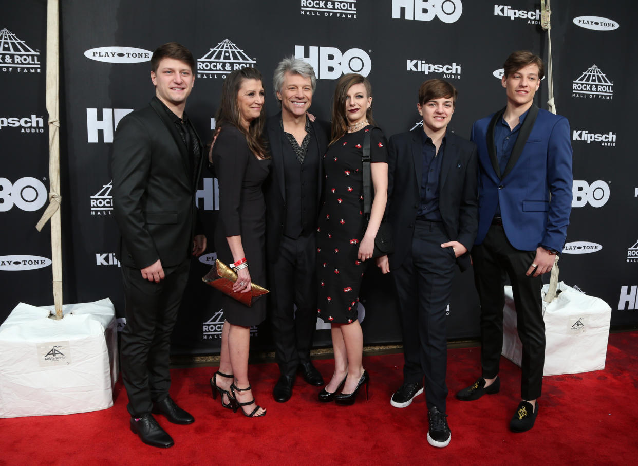 Rock & Roll Hall of Fame Induction – Arrivals - Cleveland, Ohio, U.S., 14/04/2018 – Musician Jon Bon Jovi (3rd from L) and family. REUTERS/Aaron Josefczyk