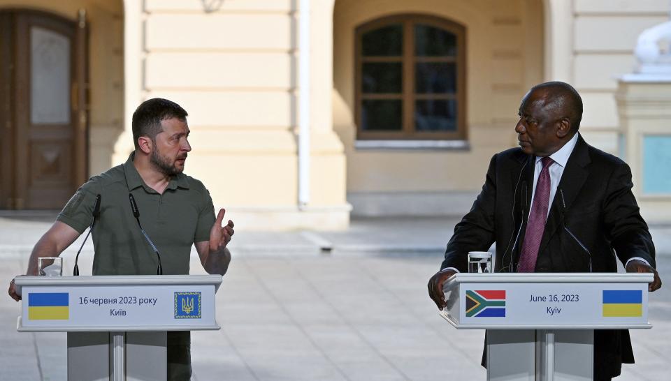 South African president Cyril Ramaphosa called on Ukraine and Russia to de-escalate their conflict, as he arrived in the war-torn country on a mission to broker peace (AFP via Getty Images)