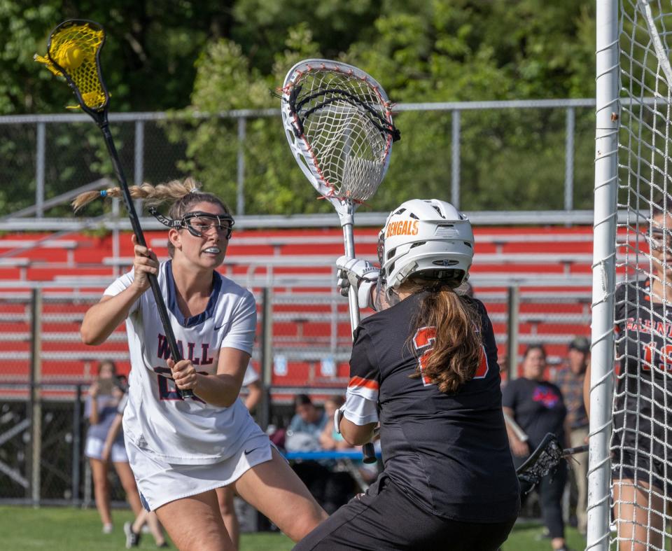 Wall Sophia DeSibio shoots and scores in second half a action. Wall defeats Barnegat 13-8 in NJSIAA Girls Lacrosse in Wall, NJ on May 20, 2022. 