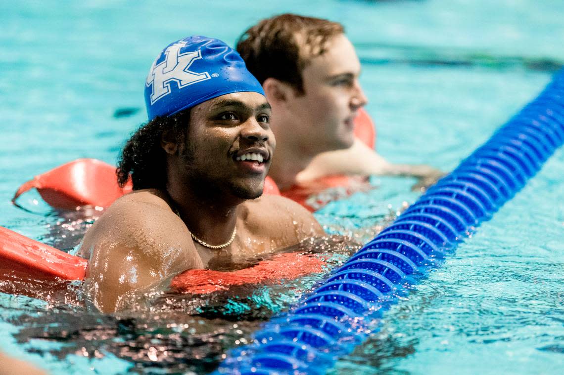 Kentucky point guard Sahvir Wheeler smiles in the pool during the swimming lessons for UK basketball players.