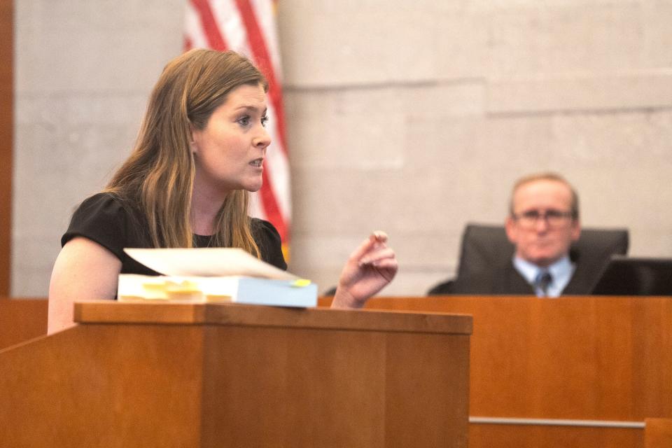 Defense attorney Kaitlyn Stephens makes her opening statement in the trial of former Columbus police vice officer Andrew Mitchell, who is on trial for murder and voluntary manslaughter in connection with the 2018 shooting of 23-year-old Donna Dalton Castleberry.
