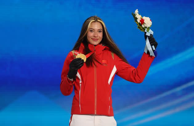 Eileen Gu receives her gold medal for China on Feb. 18, 2022, in Beijing.  (Photo: Ian MacNicol/Getty Images)