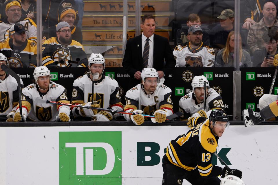 Vegas Golden Knights head coach Bruce Cassidy looks on from behind the bench during Monday's game in Boston, where he spent 14 years with the Bruins organization, including the last five years as coach before heading to Las Vegas.