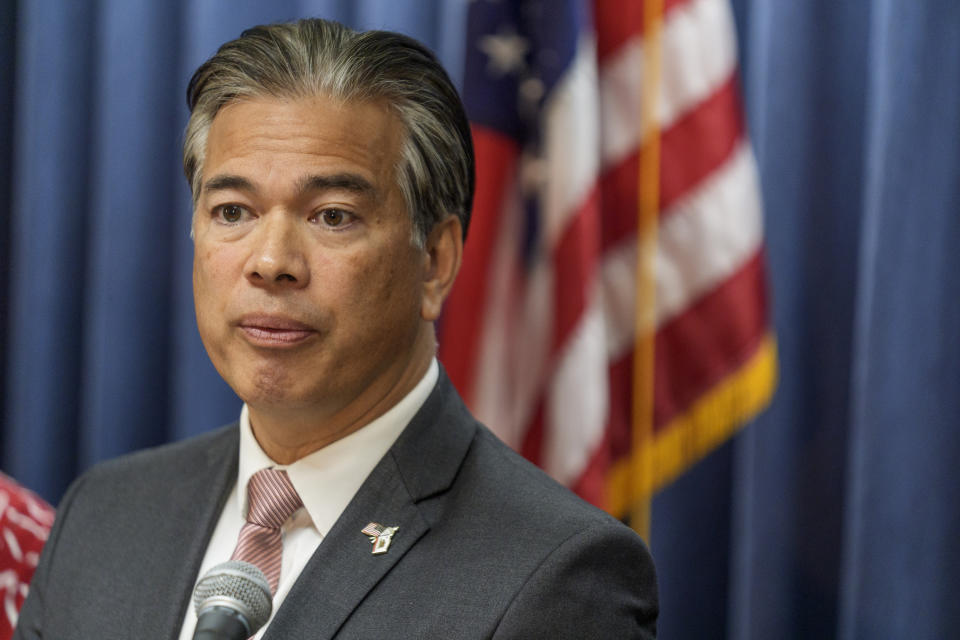 California Attorney General Rob Bonta announces a lawsuit to protect voter rights at a news conference at the California Department of Justice in Los Angeles Monday, April 15, 2024. (AP Photo/Damian Dovarganes)