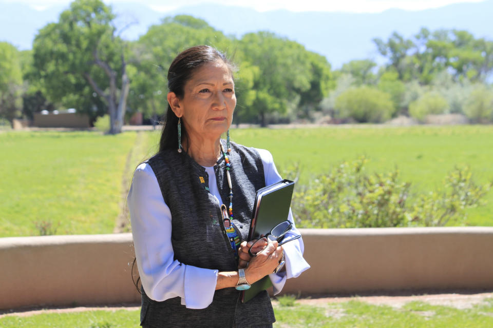 U.S. Interior Secretary Deb Haaland prepares to address reporters and water experts during a news conference in Albuquerque, N.M., Friday, May 10, 2024. Haaland announced the federal government is dedicating $60 million for conservation projects along the Rio Grande, marking the first distribution of funding under the Inflation Reduction Act for a basin outside of the Colorado River system. (AP Photo/Susan Montoya Bryan)