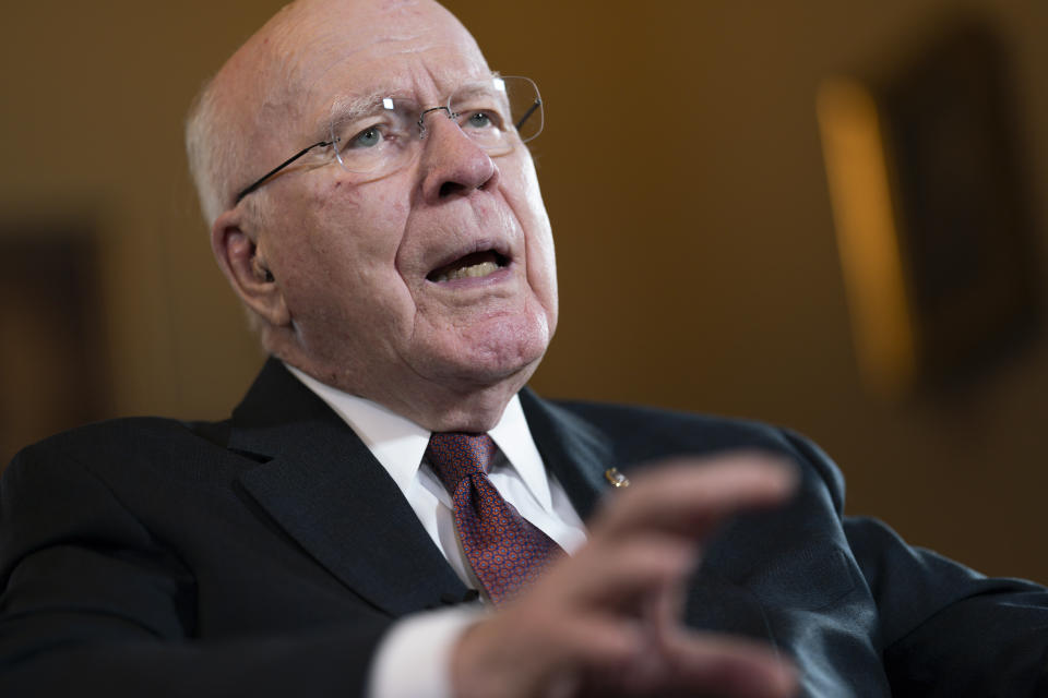 Sen. Patrick Leahy, D-Vt., the president pro temper of the Senate, discusses his life in the Senate and his Vermont roots during an Associated Press interview in his office at the Capitol in Washington, Monday, Dec. 19, 2022. The U.S. Senate's longest-serving Democrat, Leahy is getting ready to step down after almost 48 years representing his state in the U.S. Senate. (AP Photo/J. Scott Applewhite)