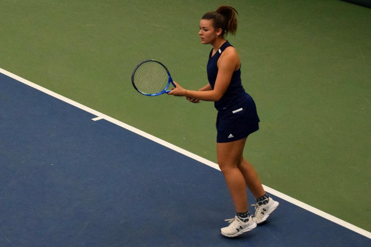 Bedford North Lawrence senior Rachel Kidd awaits a return shot from Martinsville senior Katherine Fulkerson during their No. 1 singles match. Kidd prevailed, 6-1, 6-3. (Seth Tow/Herald-Times)