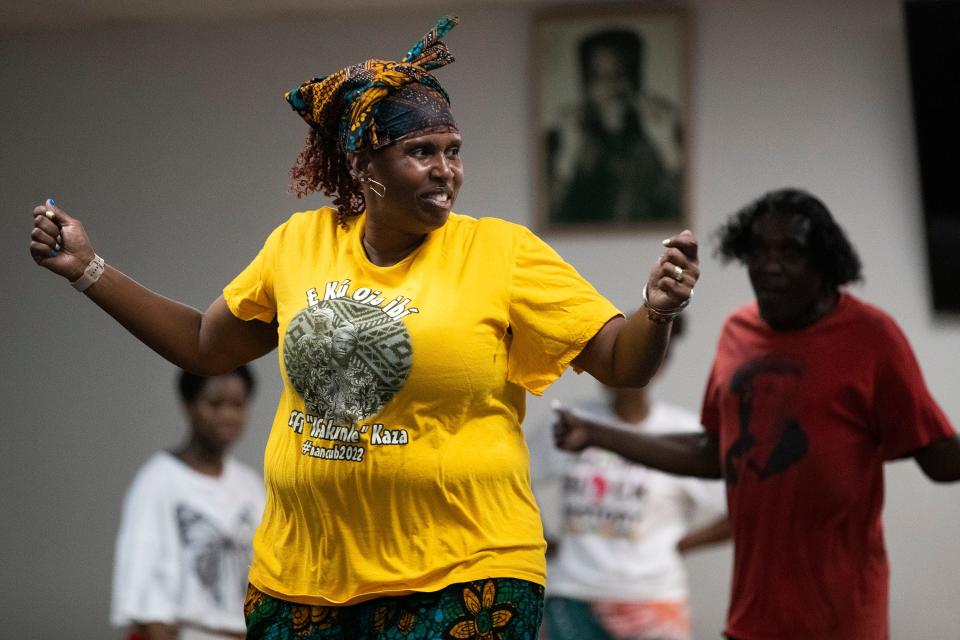 Dancers groove to live percussion music as the Ayoka Afrikan Drum and Dance Incorporation rehearses on Monday, Feb. 6, 2023 in Tallahassee, Fla. 