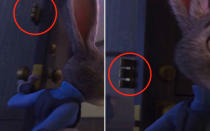 <p>When Judy leaves her apartment in the morning, as she unlocks the door the deadbolt lock is higher up on the door. Just as Judy opens the door we can see that although the interior deadbolt is affixed higher, its key cylinder on the exterior side is much lower. Credit: Disney </p>