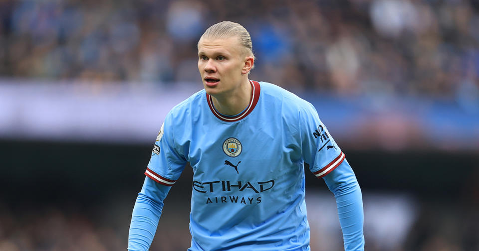 Erling Haaland of Manchester City looks on during the Premier League match between Manchester City and Wolverhampton Wanderers at Etihad Stadium on January 22, 2023 in Manchester, United Kingdom.