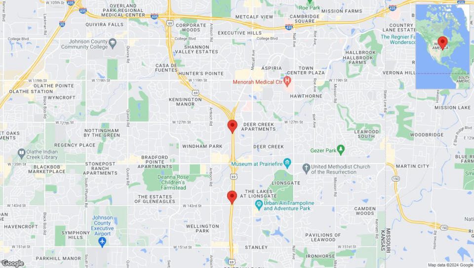 A detailed map that shows the affected road due to 'Lane on US-69 closed in Overland Park' on July 15th at 3:21 p.m.