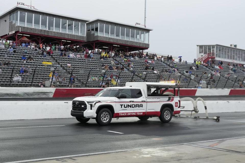 May 20, 2023; North Wilkesboro, North Carolina, USA; Air drier eases down pit lane during the first heat race at North Wilkesboro Speedway. Mandatory Credit: Jim Dedmon-USA TODAY Sports