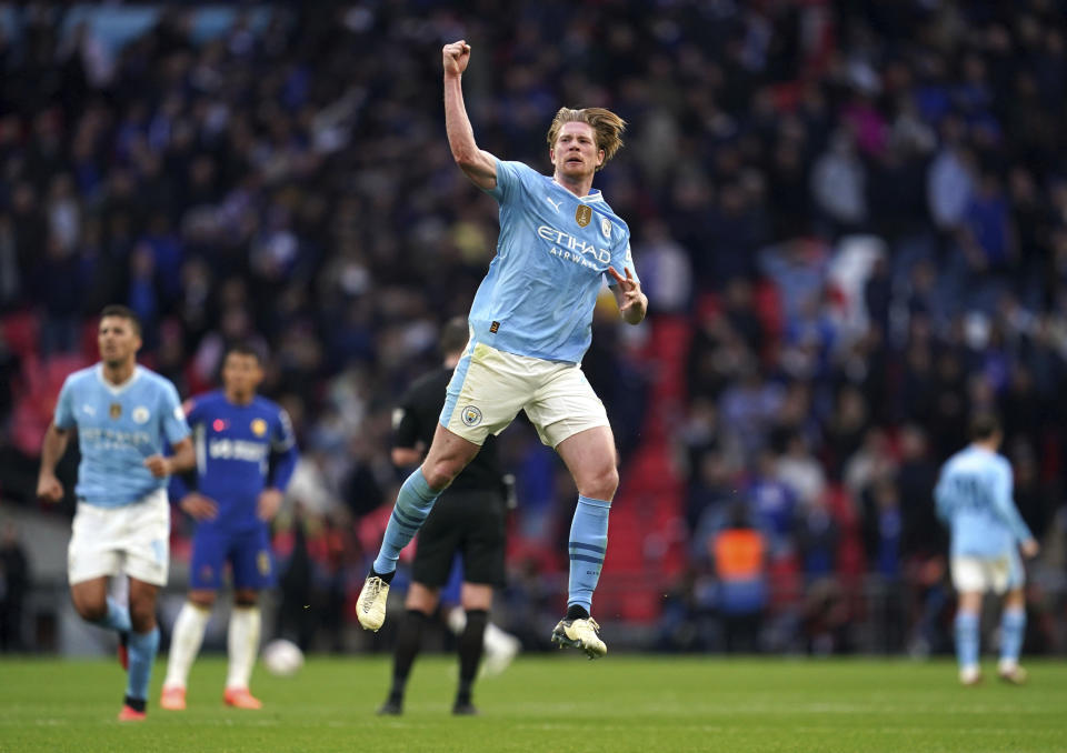 Manchester City's Kevin De Bruyne celebrates following the English FA Cup semifinal soccer match between Manchester City and Chelsea at Wembley stadium in London, Saturday, April 20, 2024. (Adam Davy/PA via AP)