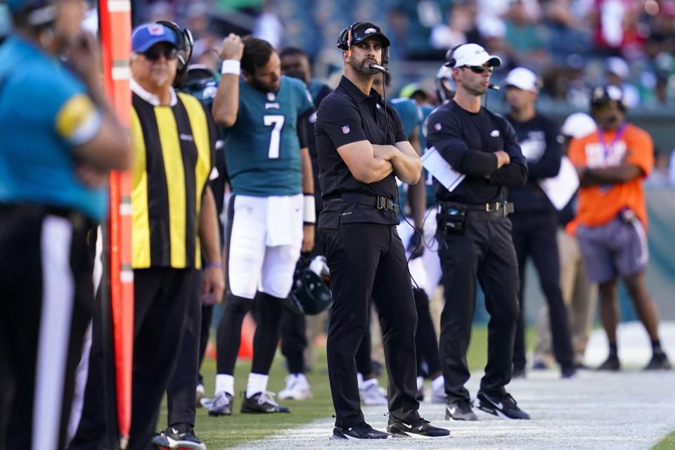 Philadelphia Eagles head coach Nick Sirianni watches play during the second half of an NFL football game against the San Francisco 49ers on Sunday, Sept. 19, 2021, in Philadelphia. (AP Photo/Matt Slocum)