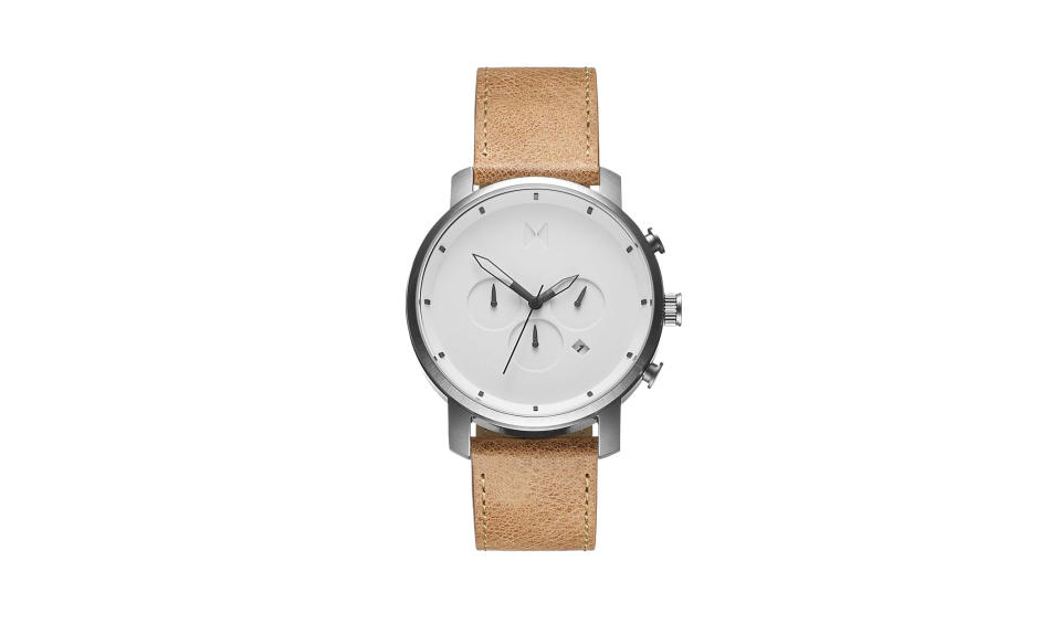 <p>White Caramel Chrono Series 45 mm, $135, <a rel="nofollow noopener" href="https://www.mvmtwatches.com/collections/best-sellers/products/chrono-white-caramel-leather" target="_blank" data-ylk="slk:mvmtwatches.com;elm:context_link;itc:0;sec:content-canvas" class="link ">mvmtwatches.com</a> </p>