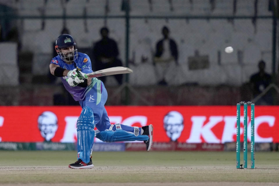Multan Sultans' Mohammad Rizwan plays a shot during the Pakistan Super League T20 cricket match between Karachi Kings and Multan Sultans, in Karachi, Pakistan, Sunday, March 3, 2024. (AP Photo/Fareed Khan)