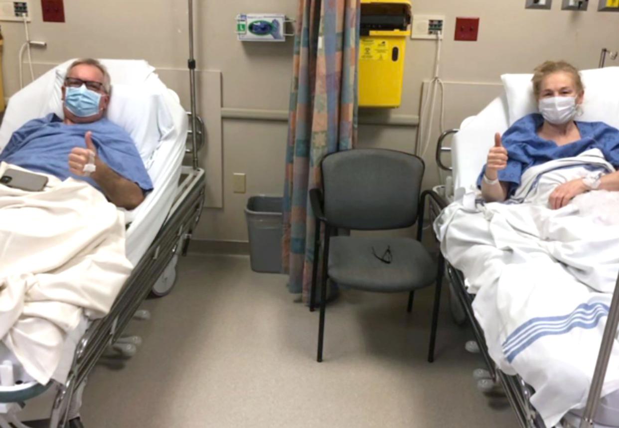 Graham Nesbitt, left, and Bonnie O'Reilly lay in hospital beds.