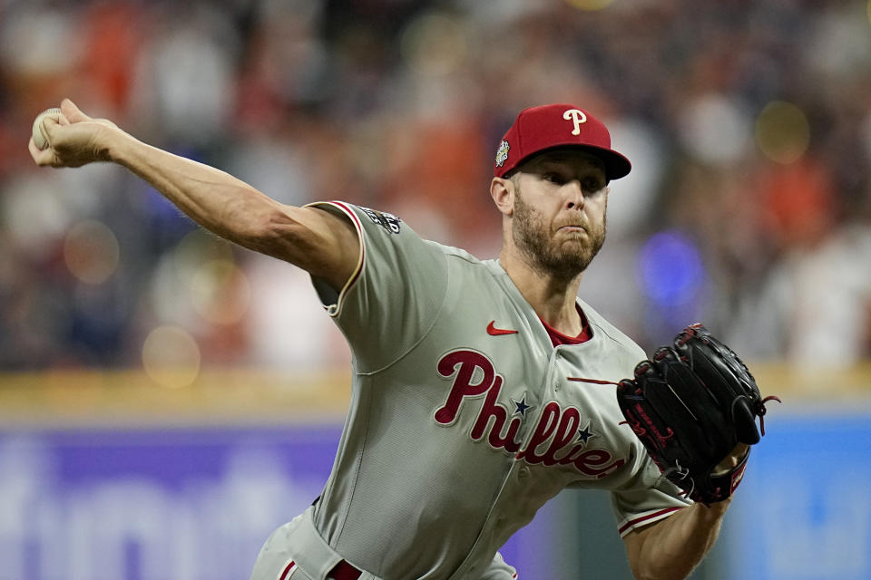 Philadelphia Phillies starting pitcher Zack Wheeler delivers during the first inning in Game 2 of baseball's World Series between the Houston Astros and the Philadelphia Phillies on Saturday, Oct. 29, 2022, in Houston. (AP Photo/Eric Gay)