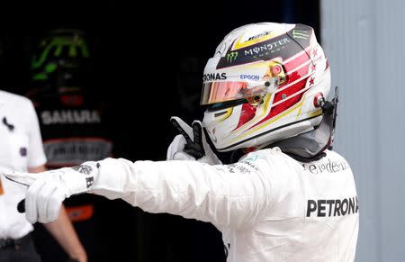 Formula One - F1 - Italian Grand Prix 2016 - Autodromo Nazionale Monza, Monza, Italy - 3/9/16 Mercedes' Lewis Hamilton celebrates qualifying in pole position Reuters / Max Rossi Livepic